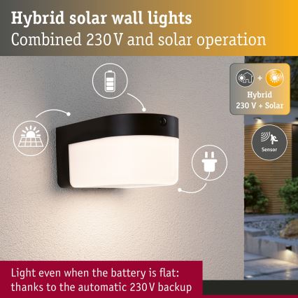 Paulmann 95747 - LED/2,3W IP44 Solar-Wandleuchte mit Sensor CALYNE 3,7/230V 4000 mAh schwarz