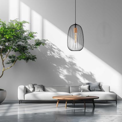 Pendelleuchte an Kabel OVELLA 1xE27/15W/230V Ø 25 cm Schwarz/Kiefer