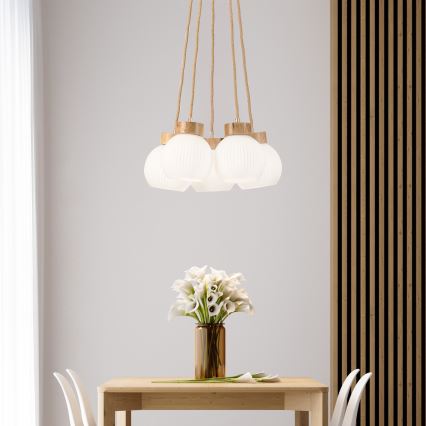 Pendelleuchte LOOMIS mit Kabelaufhängung 5xE27/15W/230V 83 cm beige/Eiche