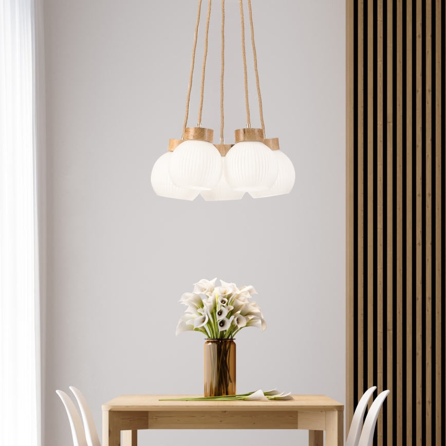 Pendelleuchte LOOMIS mit Kabelaufhängung 5xE27/15W/230V 83 cm beige/Eiche