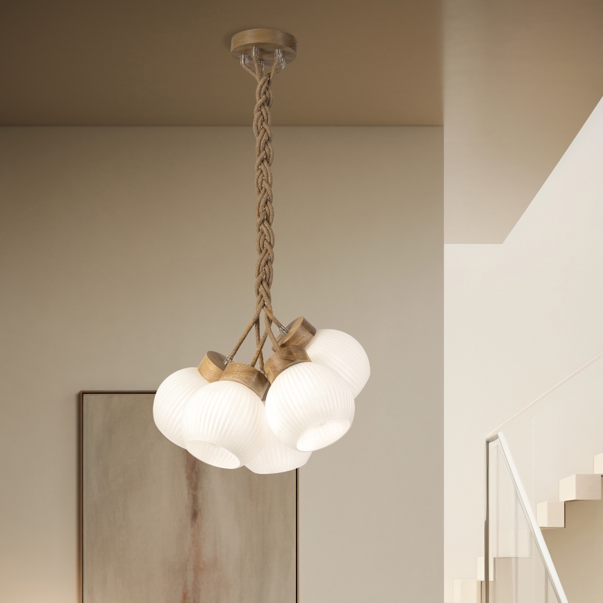 Pendelleuchte LOOMIS mit Kabelaufhängung 5xE27/15W/230V 83 cm beige/Eiche