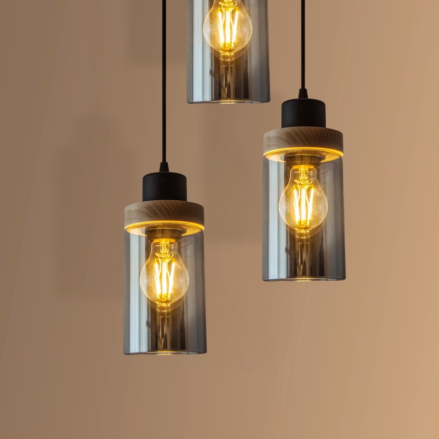 Pendelleuchte mit Kabelaufhängung WOODNEST 3xE27/15W/230V Kiefer/rauchschwarz