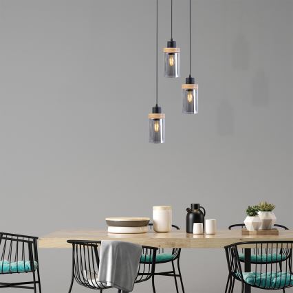 Pendelleuchte mit Kabelaufhängung WOODNEST 3xE27/15W/230V Kiefer/rauchschwarz