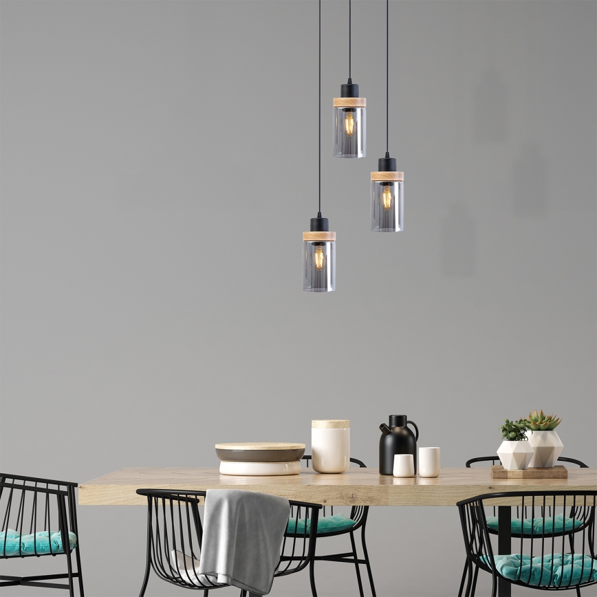 Pendelleuchte mit Kabelaufhängung WOODNEST 3xE27/15W/230V Kiefer/rauchschwarz