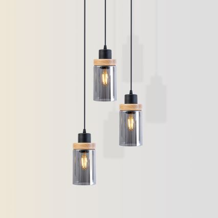 Pendelleuchte mit Kabelaufhängung WOODNEST 3xE27/15W/230V Kiefer/rauchschwarz