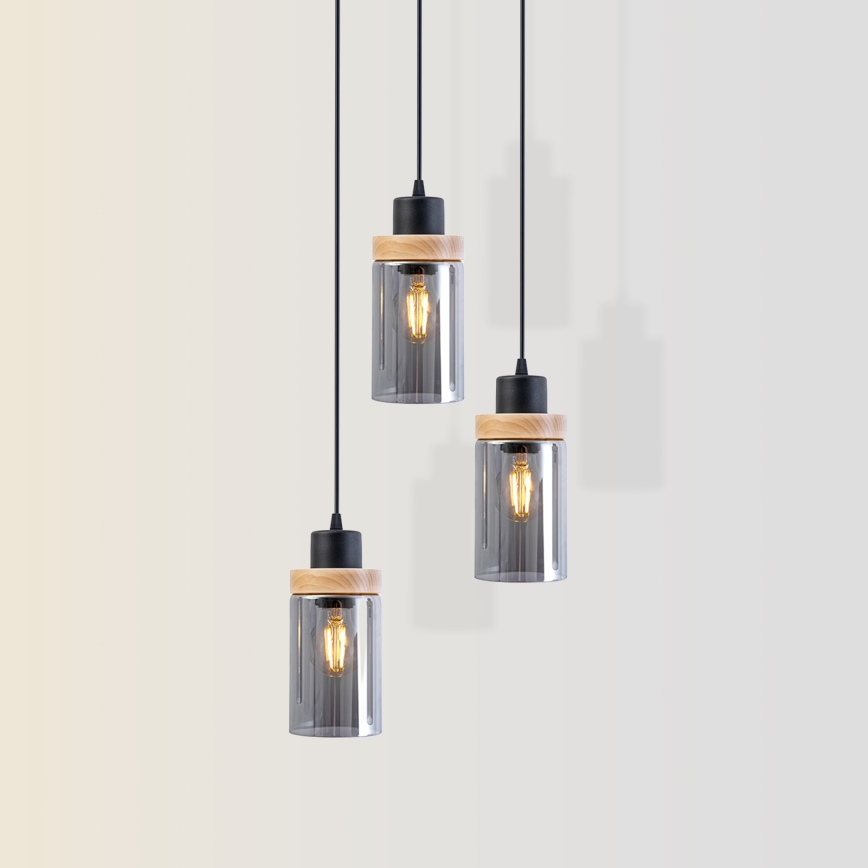 Pendelleuchte mit Kabelaufhängung WOODNEST 3xE27/15W/230V Kiefer/rauchschwarz