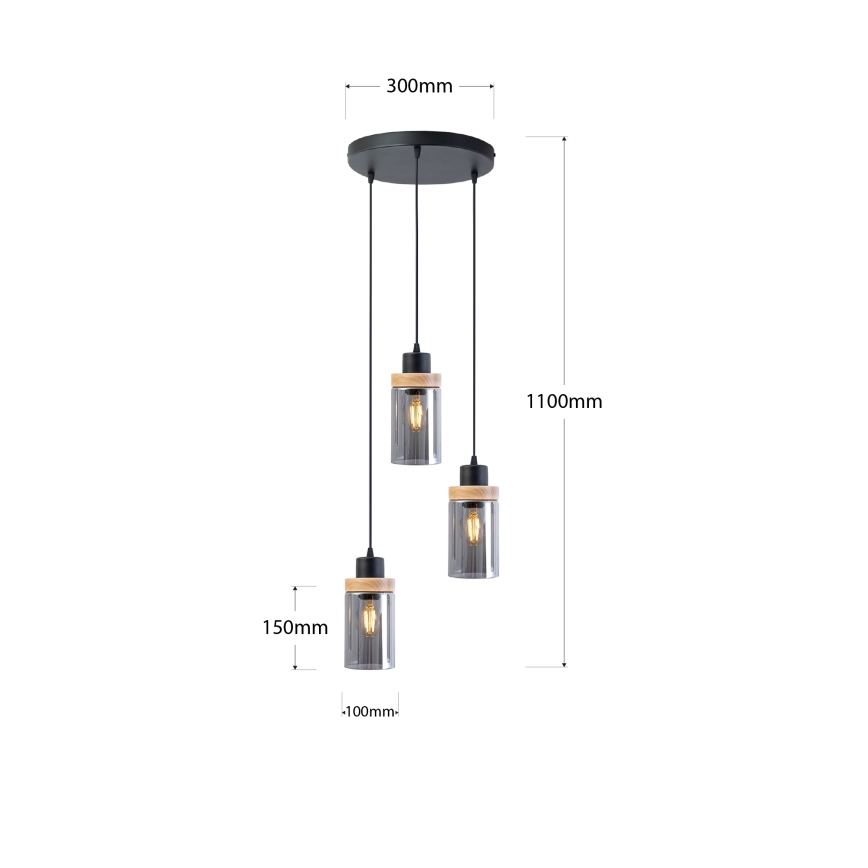 Pendelleuchte mit Kabelaufhängung WOODNEST 3xE27/15W/230V Kiefer/rauchschwarz