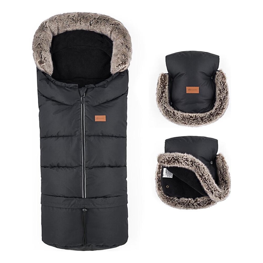 PETITE&MARS - SET Kinderfußsack 4in1 ARCTIC + Handwärmer für Kinderwagen FURRY Forever Black