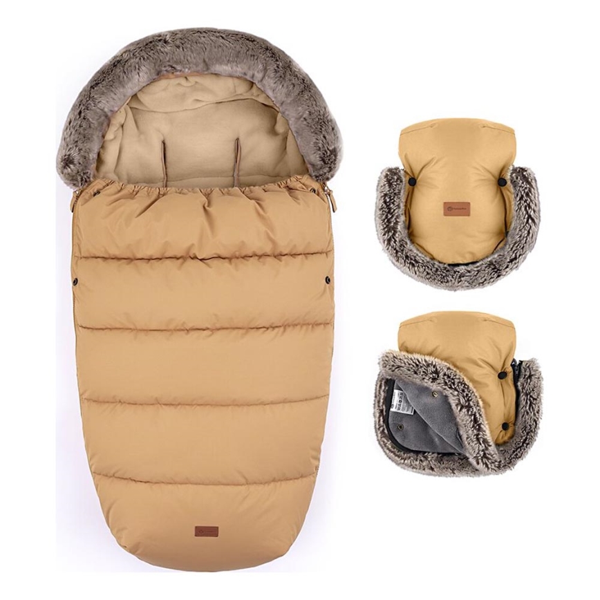 PETITE&MARS - SET Kinderfußsack 4in1 COMFY + Handwärmer für Kinderwagen FURRY Elegant Caramel