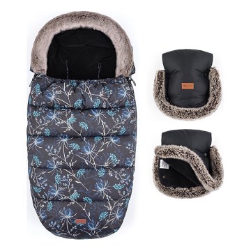 PETITE&MARS - SET Kinderfußsack 4in1 COMFY Stylish Beauty + Handwärmer für den Kinderwagen FURRY Forever Black