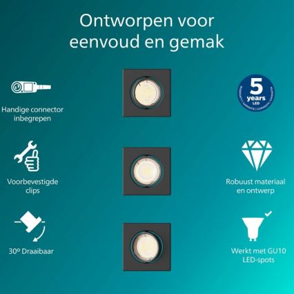 Philips - 3er-Set Einbaustrahler PERIDOT, 1x GU10/7W/230V, schwarz
