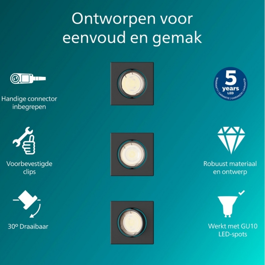 Philips - 3er-Set Einbaustrahler PERIDOT, 1x GU10/7W/230V, schwarz