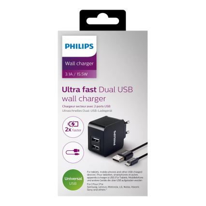 Philips DLP2307U/12 - Ladeadapter 2xUSB/15,5W/230V + Kabel Micro USB 1m