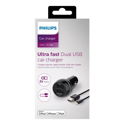 Philips DLP2357V/10 – Autoladegerät 2xUSB/12V + Kabel USB/Lightning-Anschluss