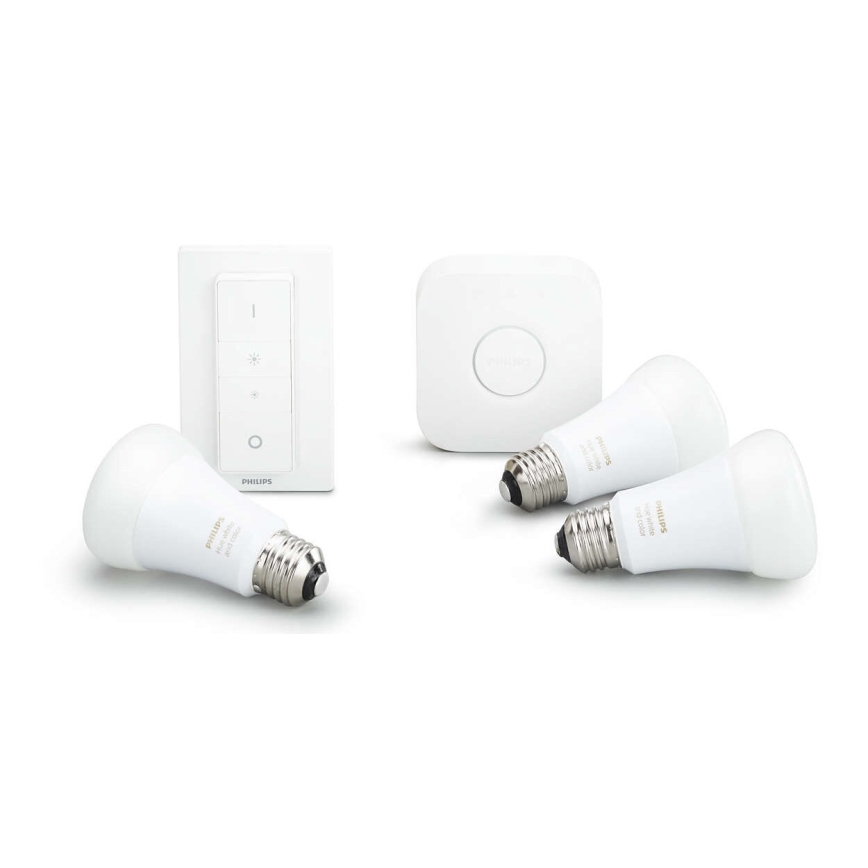Philips Hue Starter-Set WHITE 3xE27/9W 2700K + Hue Bridge und Dimmschalter