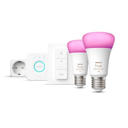 Starter-Set Philips Hue WHITE AND COLOR AMBIANCE 2xE27/9W/230V 2200-6500K + smarte Steckdose, Hue Bridge und Dimmschalter