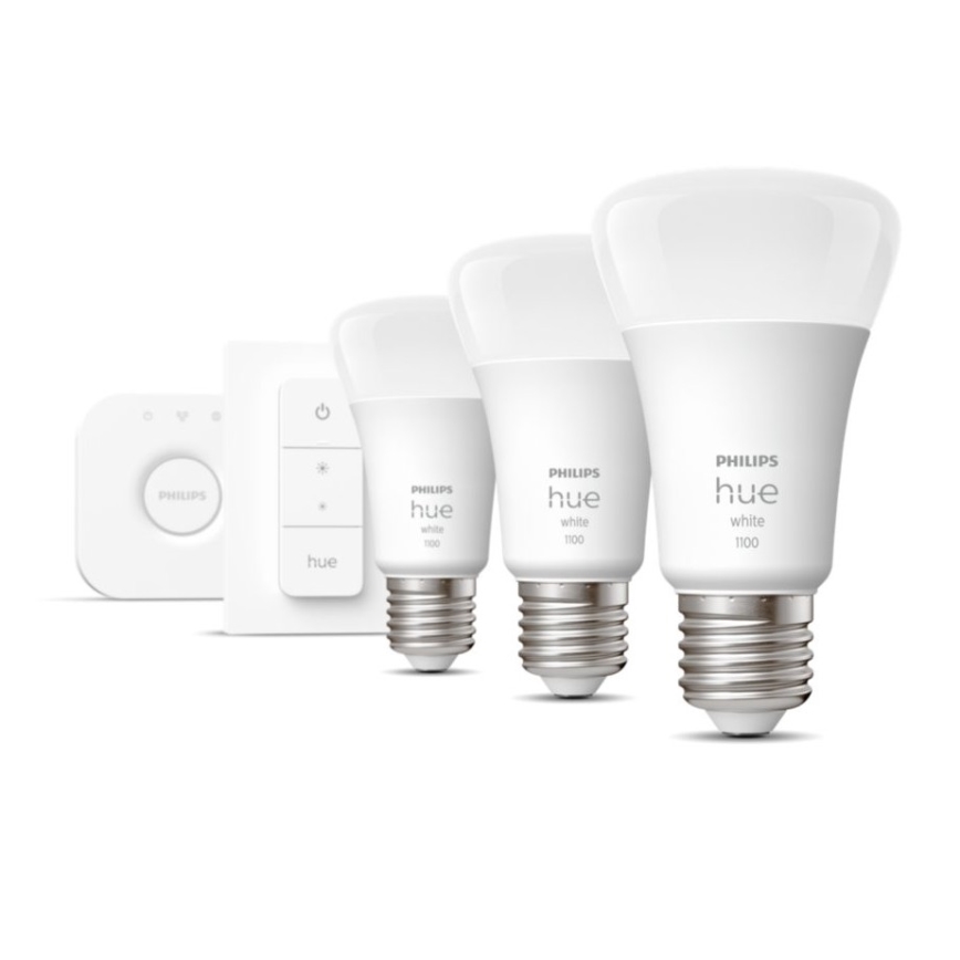 Philips Hue WHITE Starter-Set 3xE27/9,5W 2700K + Hue Bridge und Dimmer-Schalter