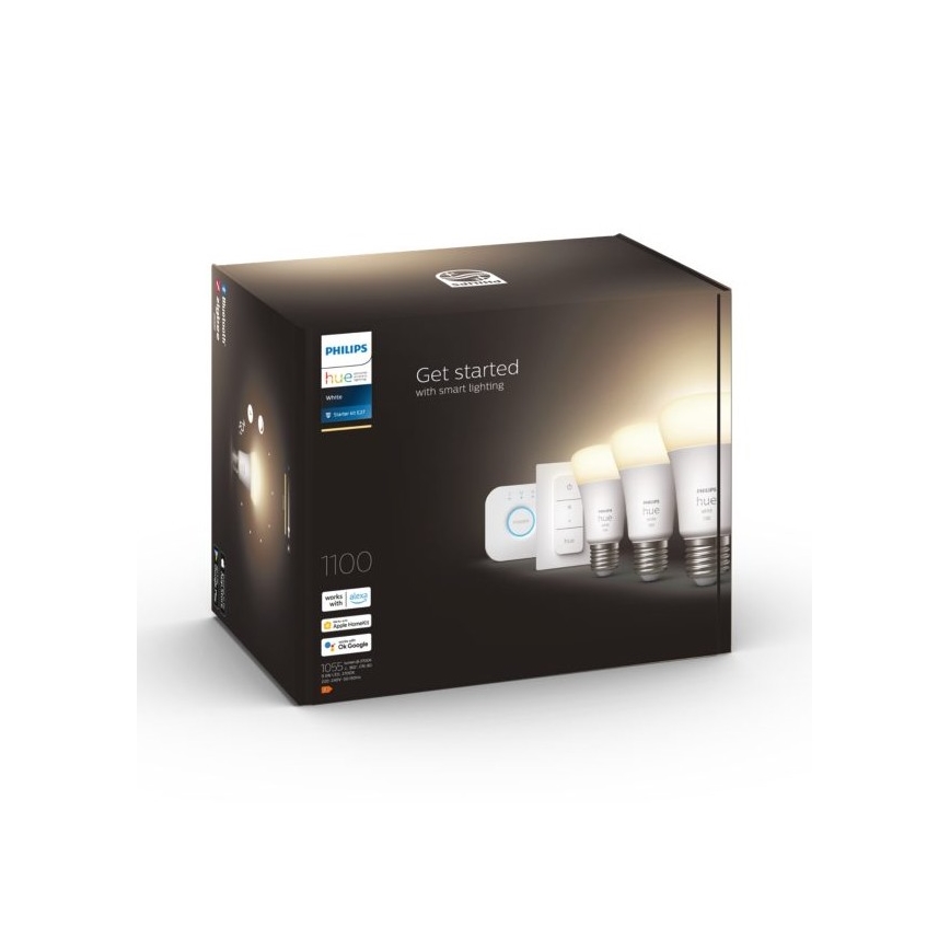 Philips Hue WHITE Starter-Set 3xE27/9,5W 2700K + Hue Bridge und Dimmer-Schalter