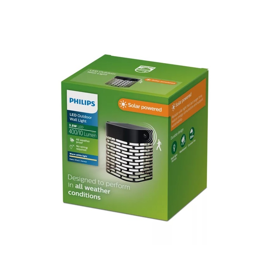 Philips - LED-Solar-Wandleuchte HARA mit Sensor LED/3,8W/3,7V 800 mAh 2700K IP44 schwarz