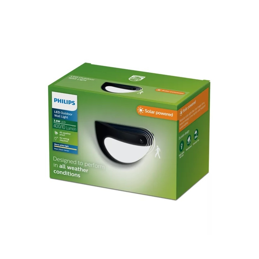 Philips - LED-Solar-Wandleuchte mit Sensor SWYN LED/3,8W/3,7V 800 mAh 2700K IP44 schwarz