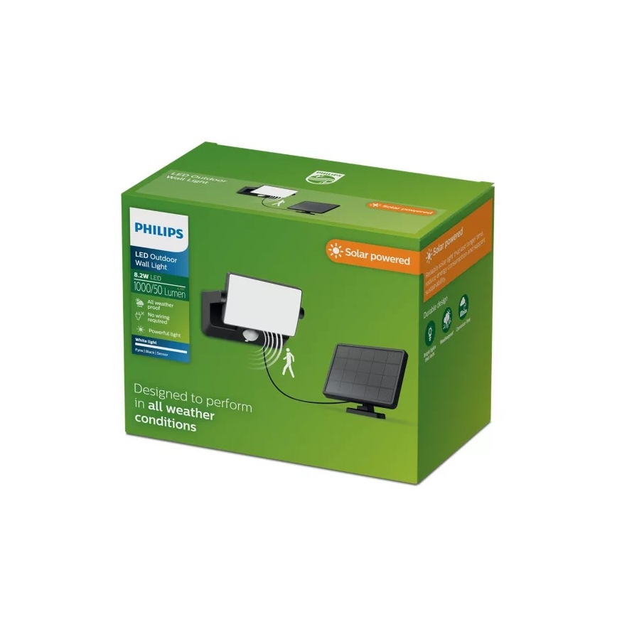 Philips - LED-Solar-Wandstrahler mit Sensor FYNS LED/8,2W/3,7V 2600 mAh 3000 K IP44 schwarz