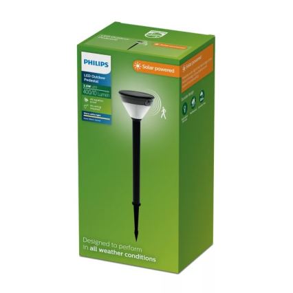 Philips - LED-Solarlampe KYNA mit Sensor, 3,8 W / 3,7 V, 800 mAh, 2700 K, IP44, schwarz