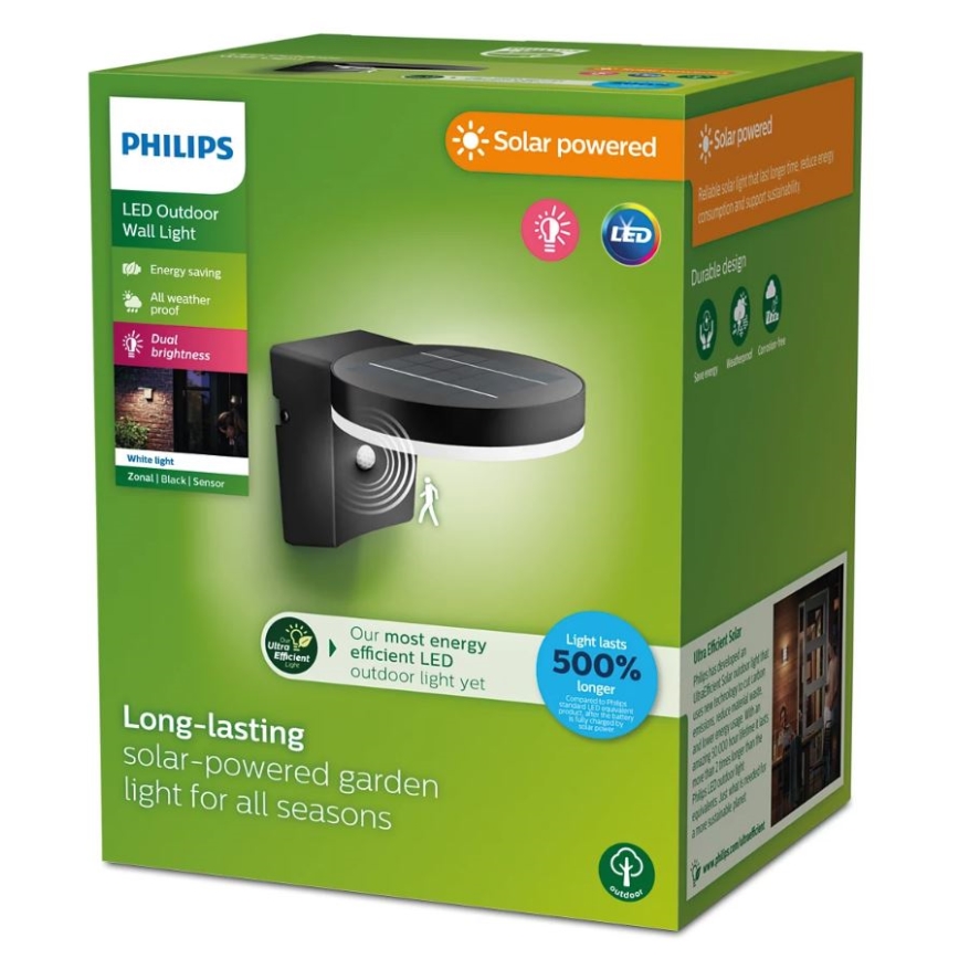 Philips - LED Solar-Wandleuchte mit Bewegungs- und Dämmerungssensor ZONAL LED/1,3W/3,7V 2500 mAh IP44