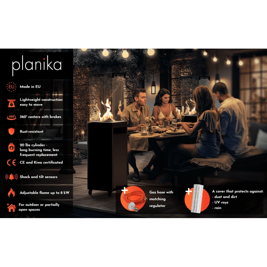 Planika - Außen-Gaskamin 142x36 cm 8kW 1xAAA grau + Schutzhaube