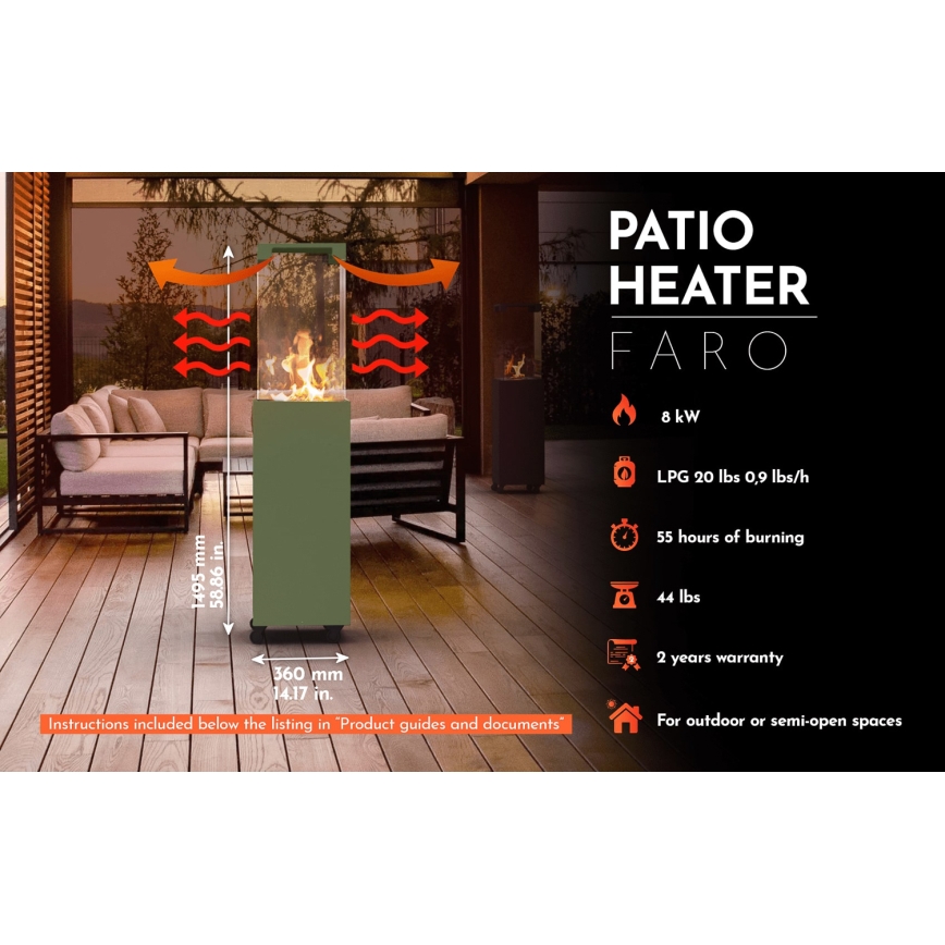 Planika - Outdoor-Gaskamin 142x36 cm 8kW 1xAAA grün + Schutzabdeckung