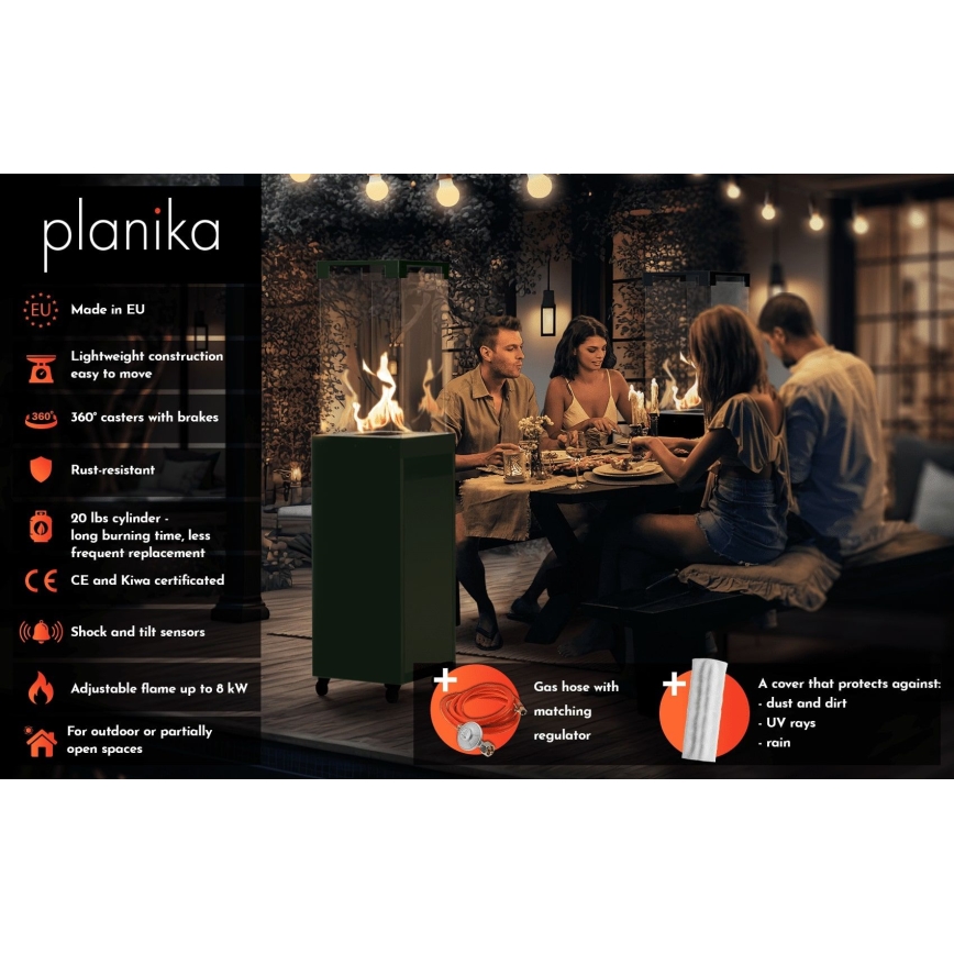 Planika - Outdoor-Gaskamin 142x36 cm 8kW 1xAAA grün + Schutzabdeckung