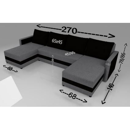 Polster-U-Sofa BRISTOL – universell, ausklappbar, grau/schwarz