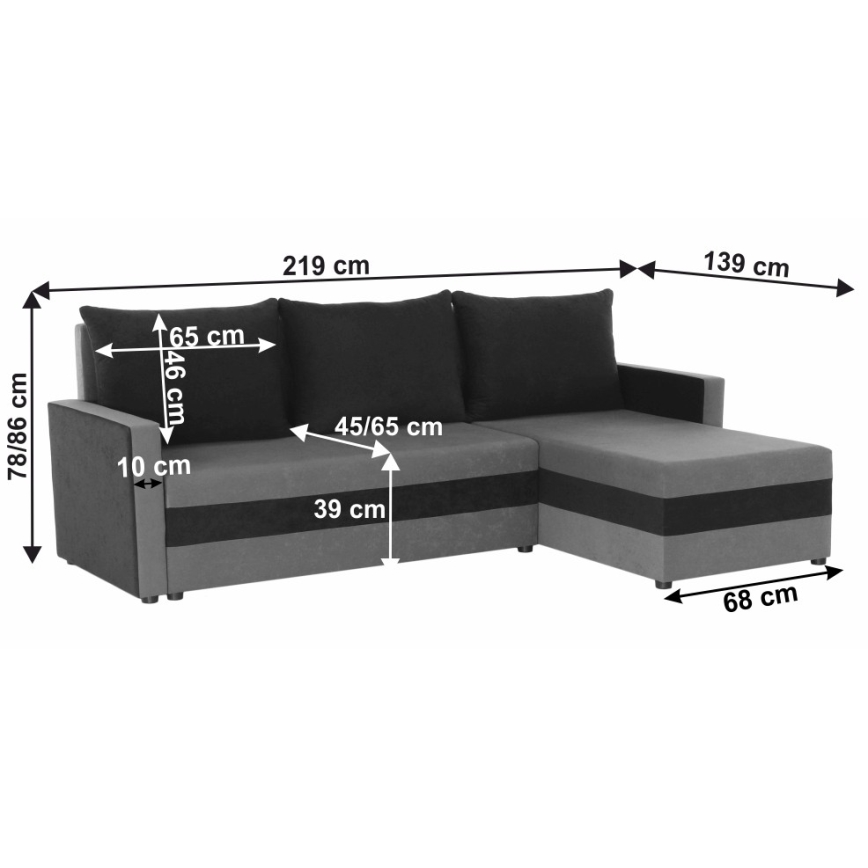 Polsterbare universelle Eckcouch mit Schlaffunktion in L-Form BRISTOL grau/schwarz