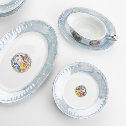 Porzellan-Essgeschirr 26 Teile blau mit geperltem Finish