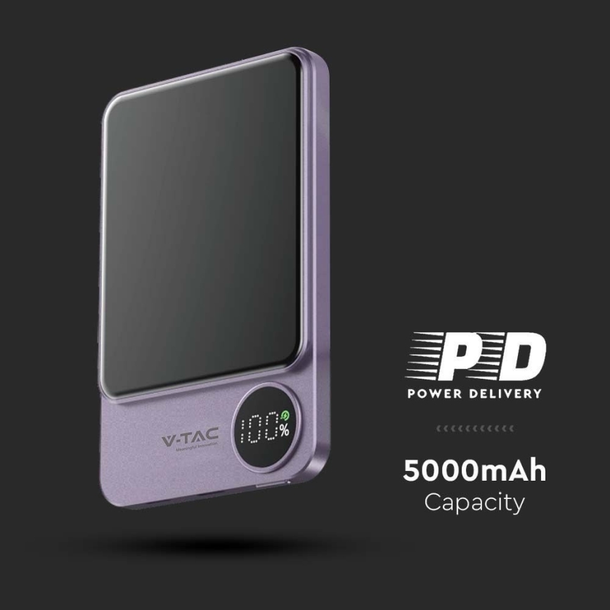 Powerbank mit Display und kabellosem Laden Power Delivery 5000mAh/20W/5V lila