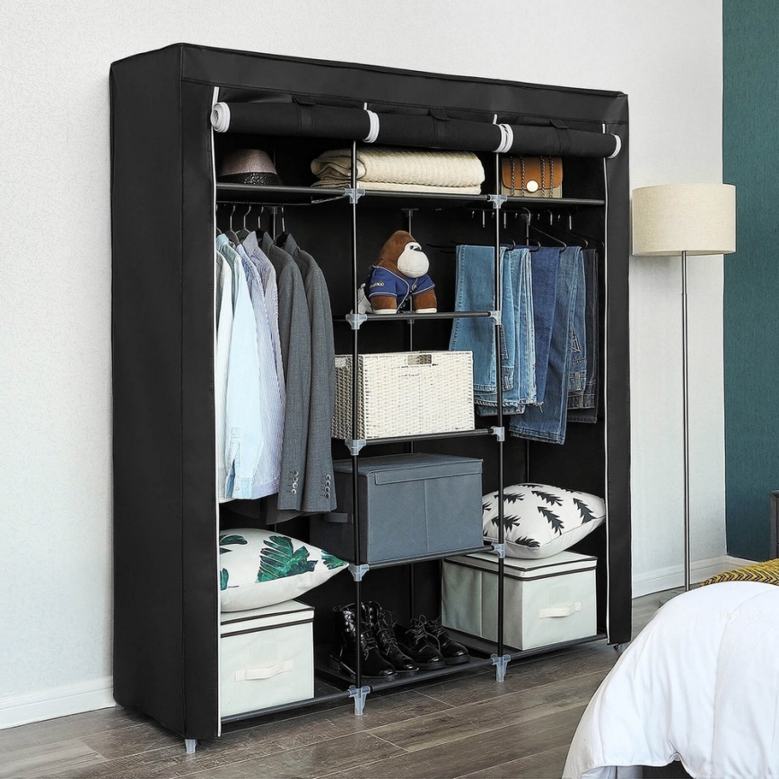 Praktischer Textil-Kleiderschrank mit Regalen und Kleiderstange MATIS 150x175 cm schwarz