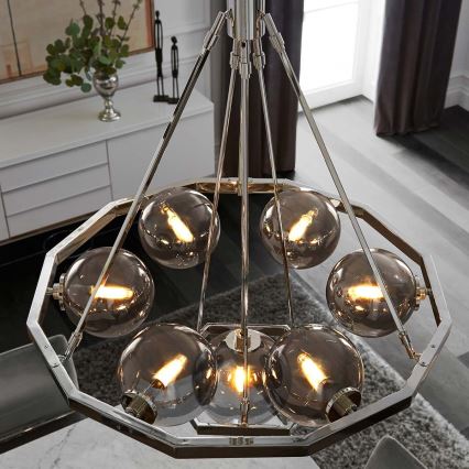 Quintiesse - Deckenleuchte an Stange HARPER 7xE14/60W/230V Ø 81,3 cm glänzender Chrom/rauchfarbenes Glas