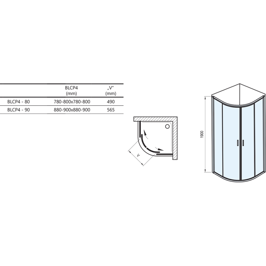 Ravak 3B240U00ZG - Viertelkreisförmige vierteilige Duschkabine BLIX 80x80 cm satiniert