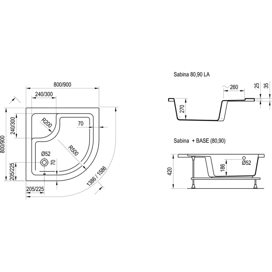 Ravak A217001020 - Viertelkreisförmige Duschwanne SABINA 90x90 cm weiß