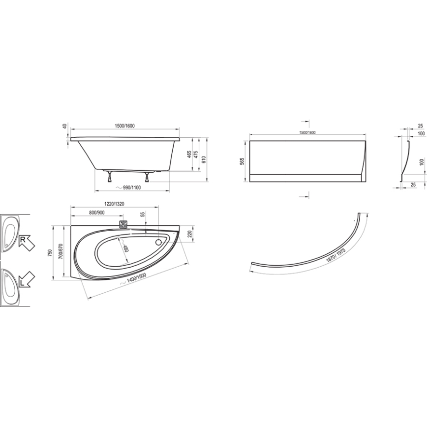Ravak CH01000000 - Eckbadewanne AVOCADO 160x75 cm Acryl/weiß