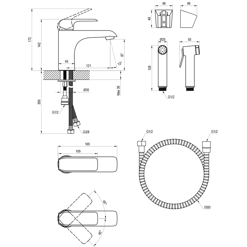 Ravak X070438 - Waschtischarmatur mit Bidetbrause FLAT, glänzender Chrom