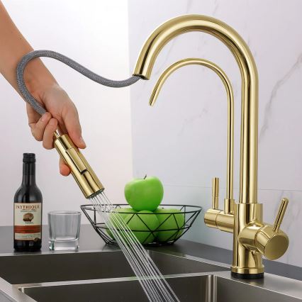 REA-B8989 - Spültischarmatur mit ausziehbarem Brausekopf und ECO FRESH-Filtration, 37,5 cm, gold