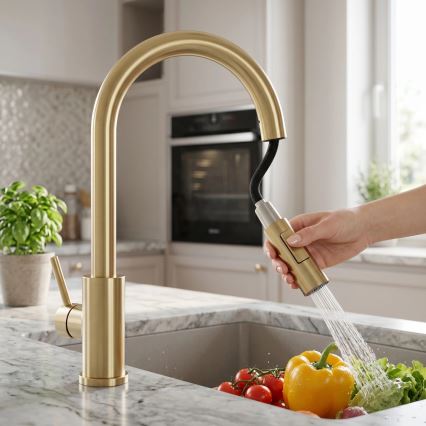 REA-B9842 - Touch-Spültischarmatur mit ausziehbarer Brause FRESH TOUCH 37 cm 4xAA in gebürstetem Gold