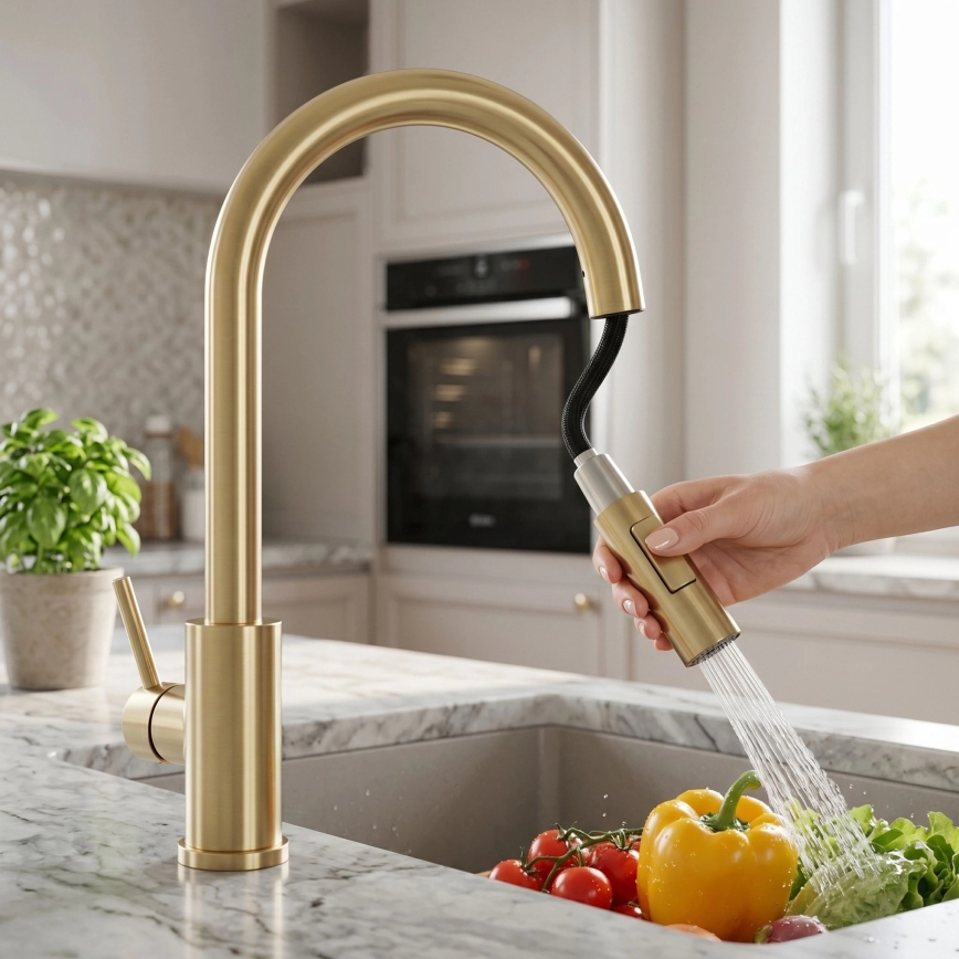 REA-B9842 - Touch-Spültischarmatur mit ausziehbarer Brause FRESH TOUCH 37 cm 4xAA in gebürstetem Gold