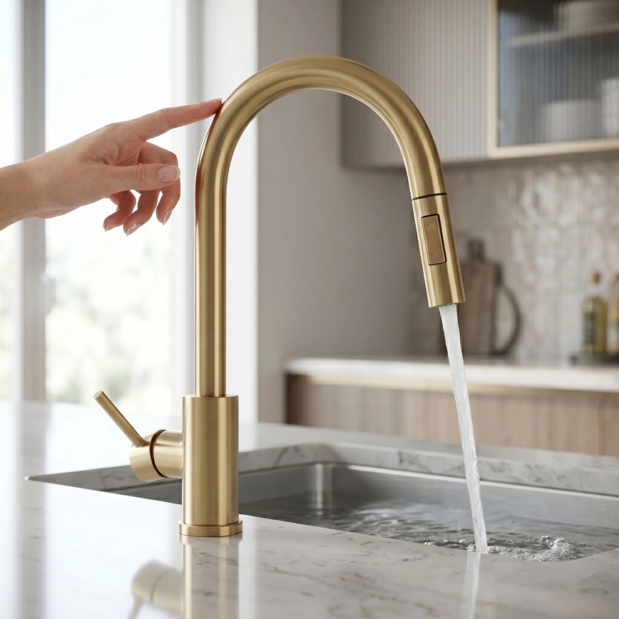 REA-B9842 - Touch-Spültischarmatur mit ausziehbarer Brause FRESH TOUCH 37 cm 4xAA in gebürstetem Gold