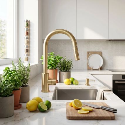 REA-B9842 - Touch-Spültischarmatur mit ausziehbarer Brause FRESH TOUCH 37 cm 4xAA in gebürstetem Gold