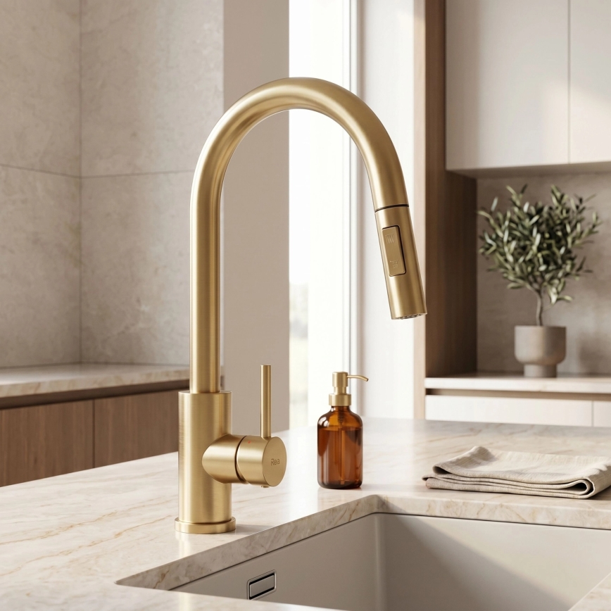 REA-B9842 - Touch-Spültischarmatur mit ausziehbarer Brause FRESH TOUCH 37 cm 4xAA in gebürstetem Gold