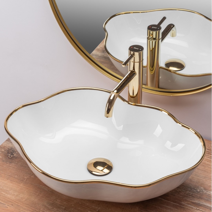 REA-U0696 - Aufsatzwaschbecken PEARL 38x50,5 cm Keramik/Hochglanzweiß/goldfarben