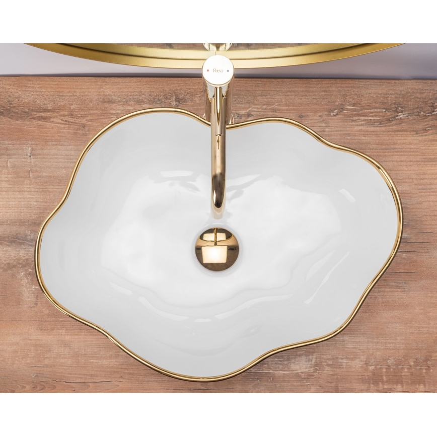 REA-U0696 - Aufsatzwaschbecken PEARL 38x50,5 cm Keramik/Hochglanzweiß/goldfarben