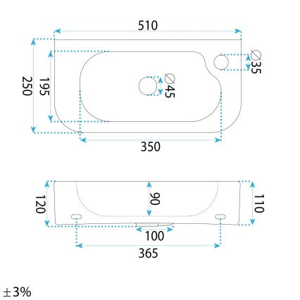 REA-U3610 - Aufsatz-/Wandwaschbecken ODETTA 25x51 cm Keramik/hochglanzweiß