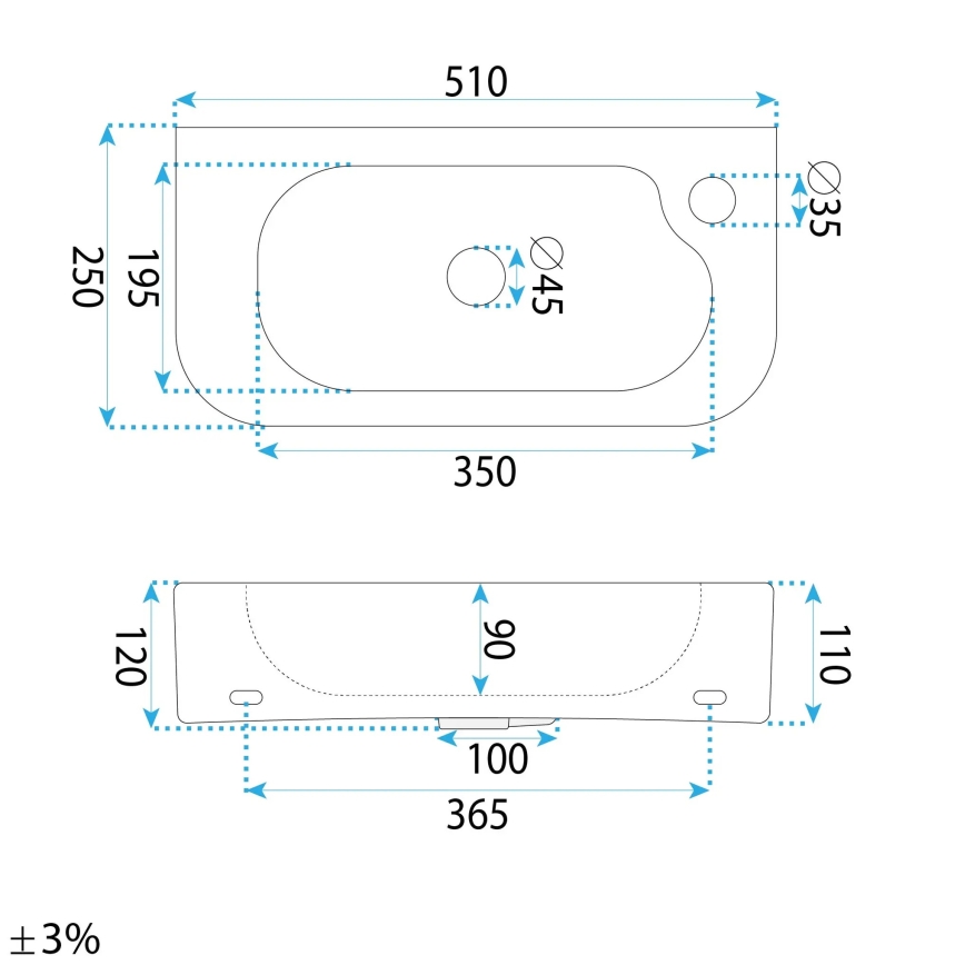 REA-U3610 - Aufsatz-/Wandwaschbecken ODETTA 25x51 cm Keramik/hochglanzweiß
